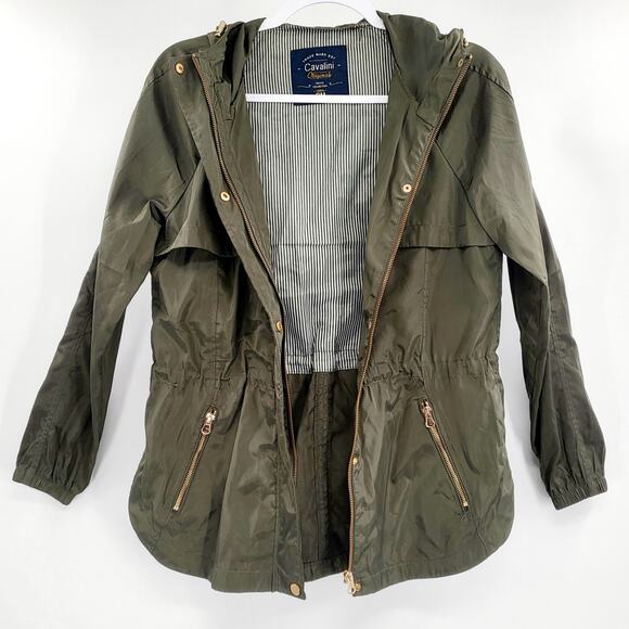 Cavalini Green Cinched Waist Hooded Windbreaker Jacket Women’s Sz Medium Petite - Picture 2 of 8